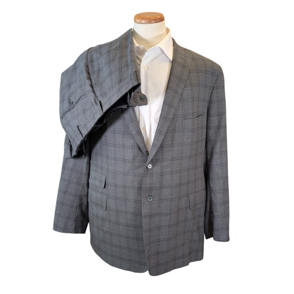 Tom James Executive Custom Tailored Suit Gray Windowpane Wool Blend 42x32